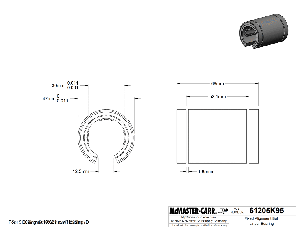 Technical Drawing of Fixed Alignment Ball Linear Bearing, for Support Rail Shafts, 30 mm Shaft Diameter.